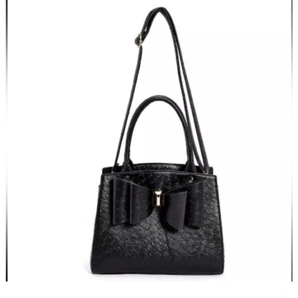 No Brand Handbags - Grossi Faux Ostrich Vegan Leather Satchel: Elegant Black Double Bow